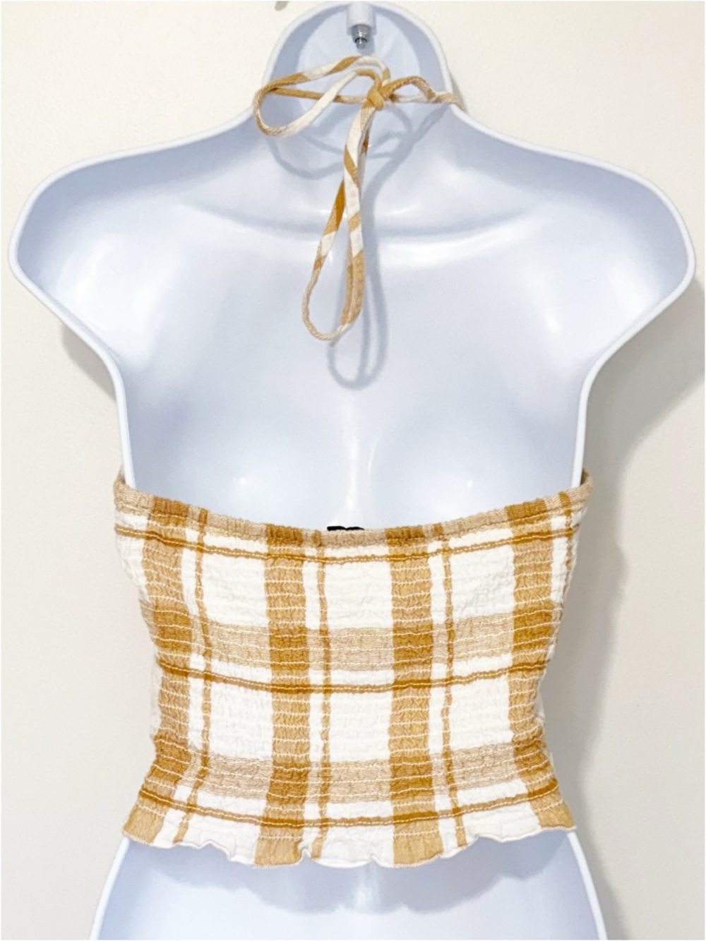 AMERICAN EAGLE Plaid Halter Crop Top Medium Mustard Yellow Smocked Summer - Picture 3 of 8